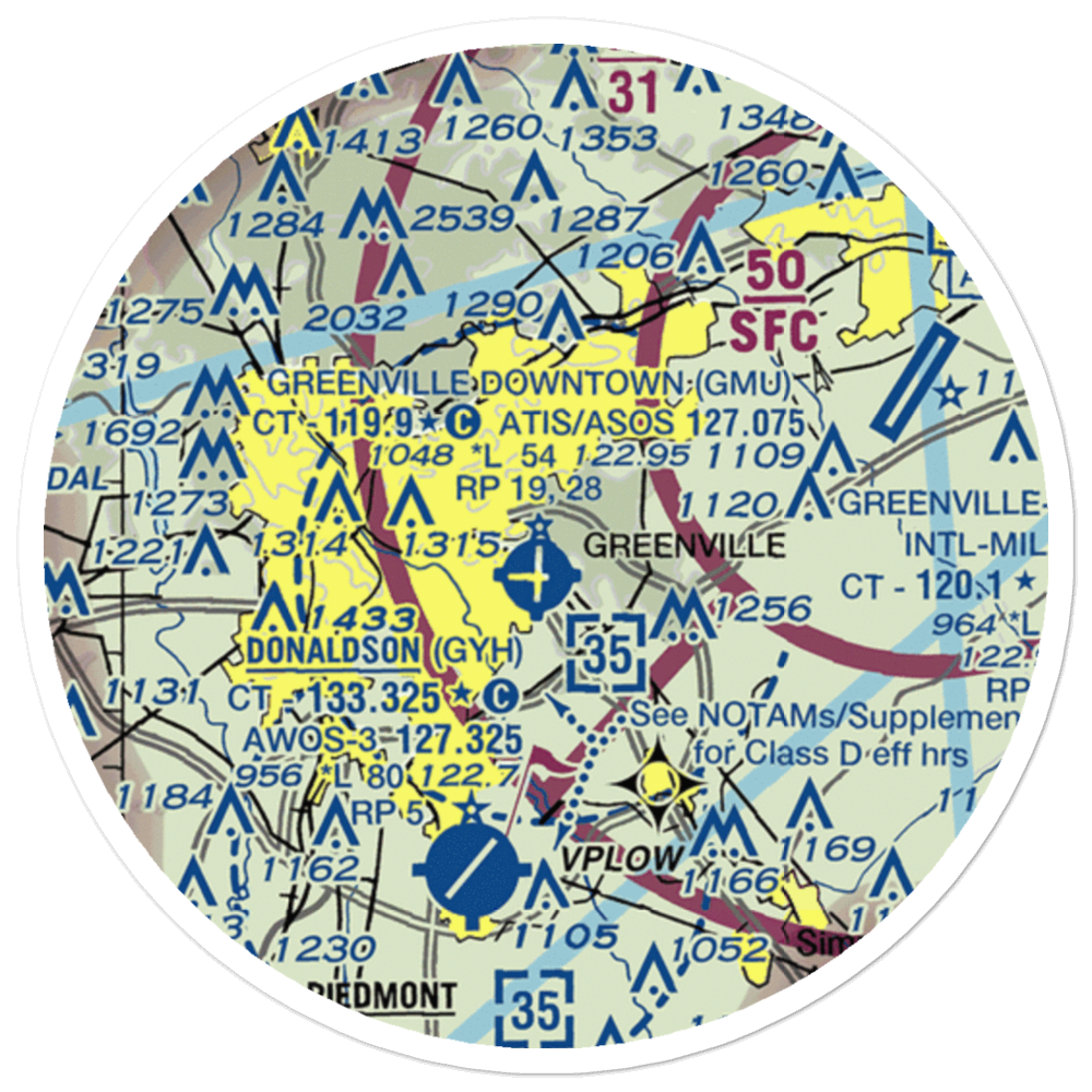 Greenville Downtown Airport (GMU) VFR Sectional Sticker (20 mile) 