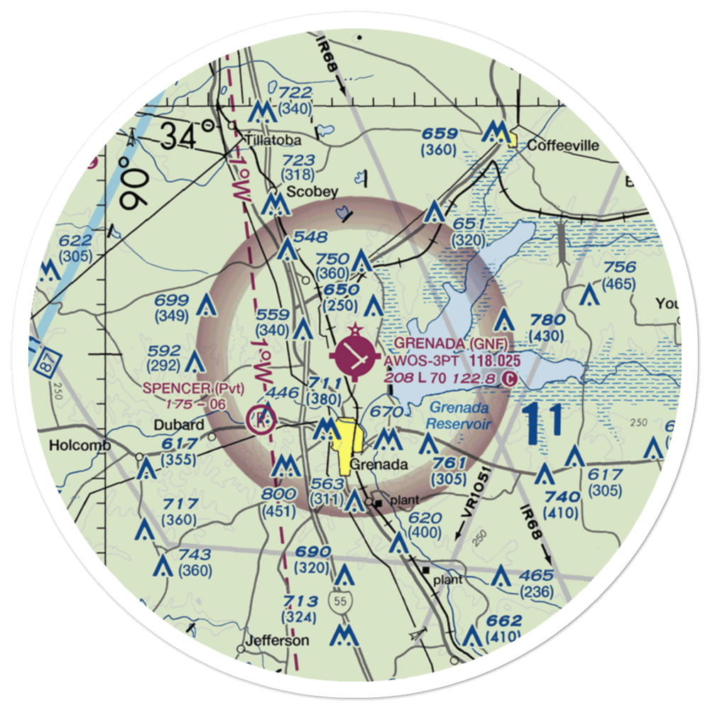 Grenada Municipal Airport (GNF) VFR Sectional Sticker (30 mile) 