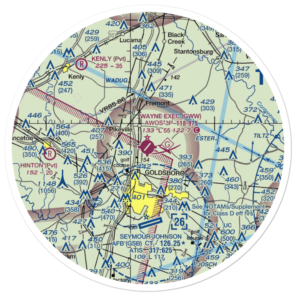 Goldsboro-Wayne Municipal Airport (GWW) VFR Sectional Sticker (30 mile) 