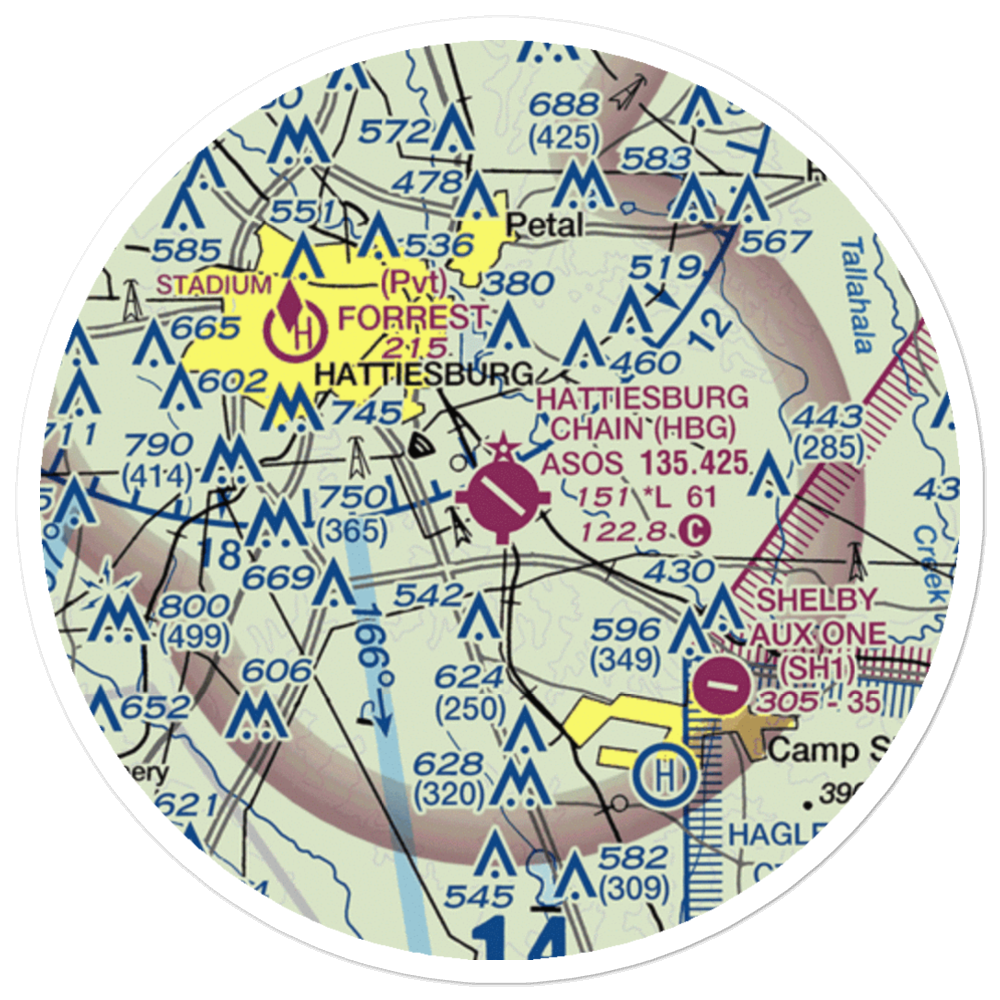 Hattiesburg Bobby L Chain Municipal Airport (HBG) VFR Sectional Sticker (20 mile) 