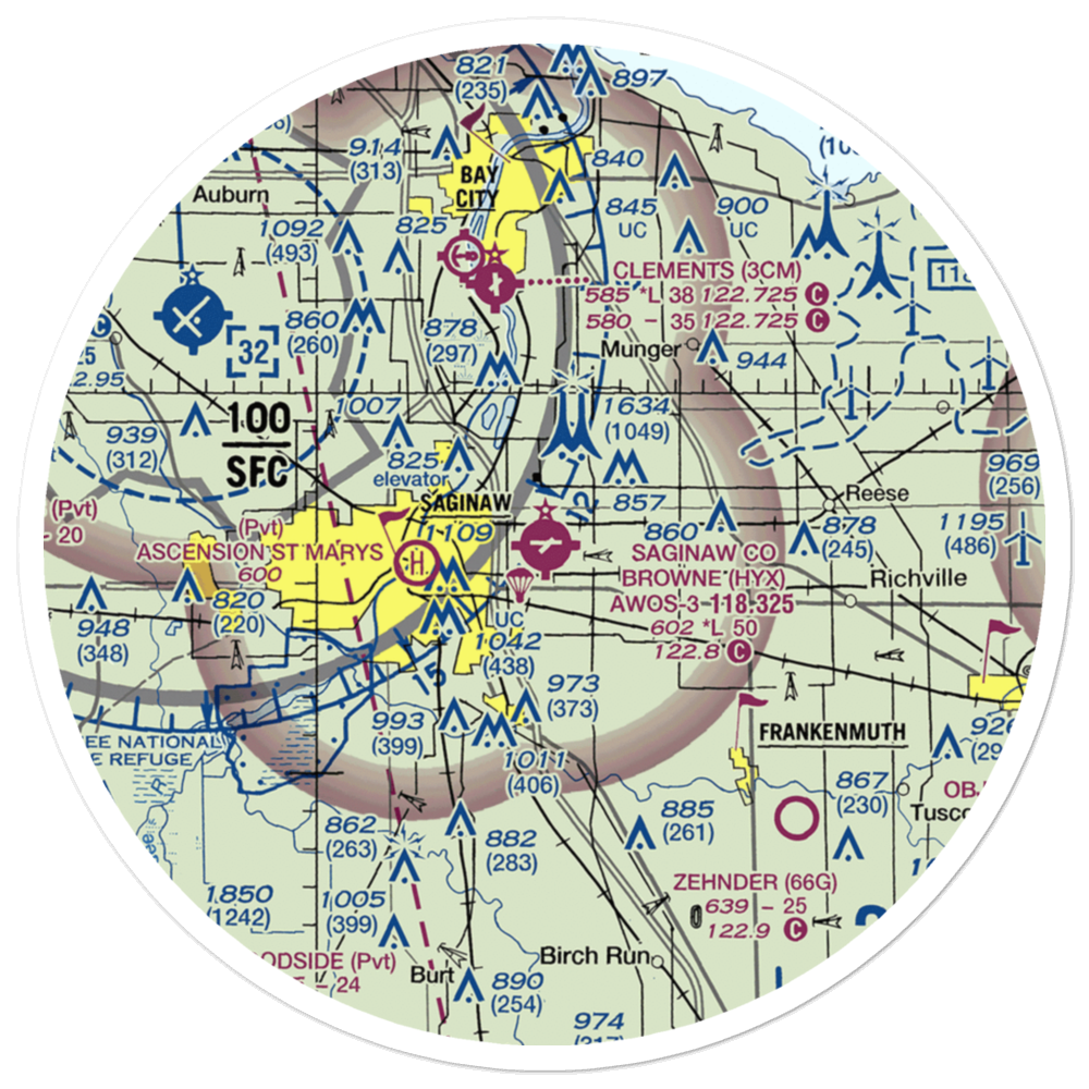 Saginaw County H.W. Browne Airport (HYX) VFR Sectional Sticker (30 mile) 