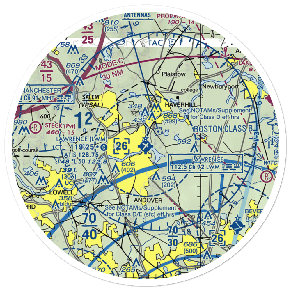 Lawrence Municipal Airport (LWM) VFR Sectional Sticker (30 mile) 