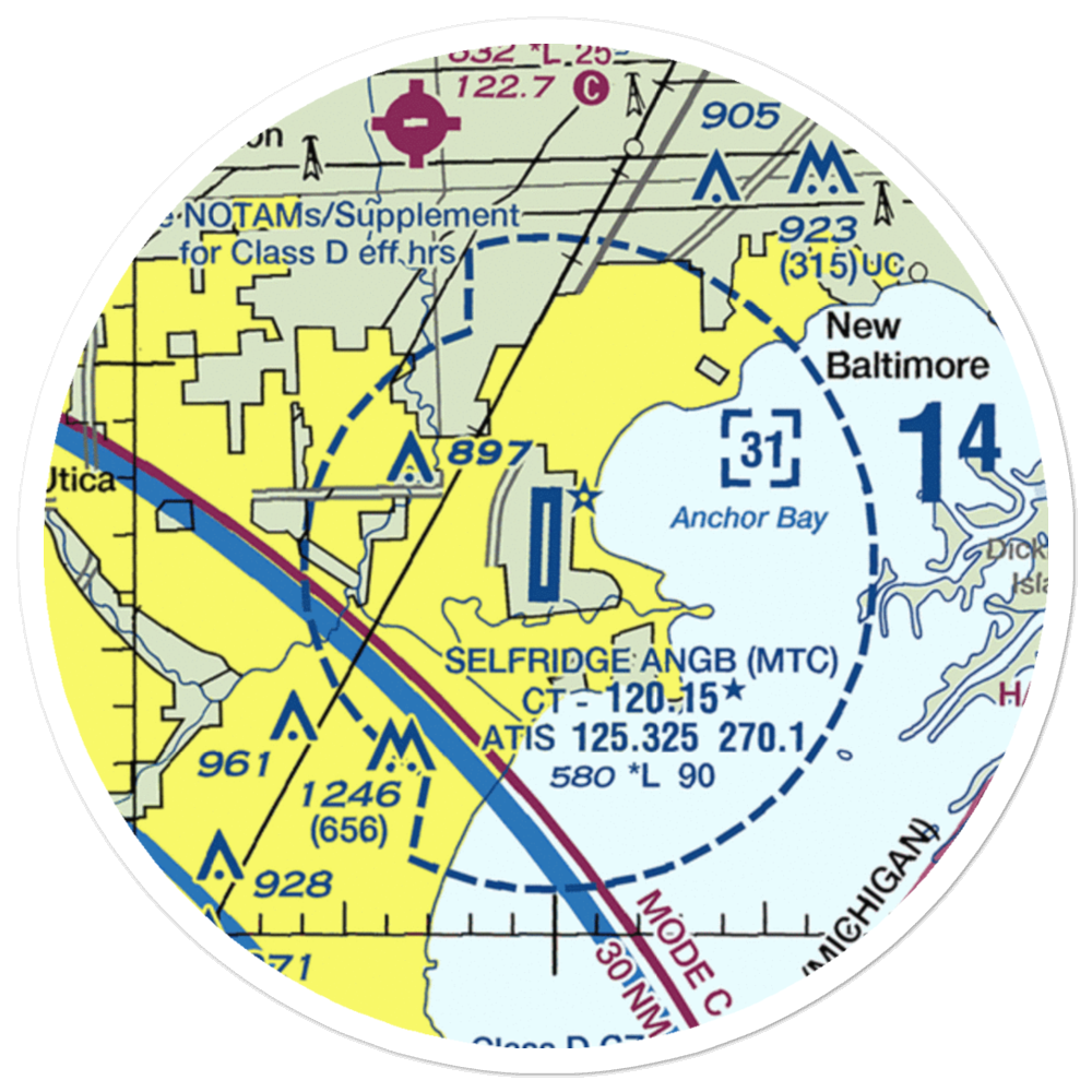 Selfridge Air National Guard Base Airport (MTC) VFR Sectional Sticker (20 mile) 