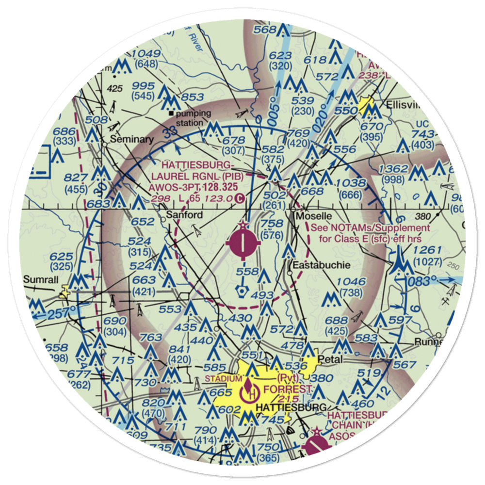 Hattiesburg Laurel Regional Airport (PIB) VFR Sectional Sticker (30 mile) 
