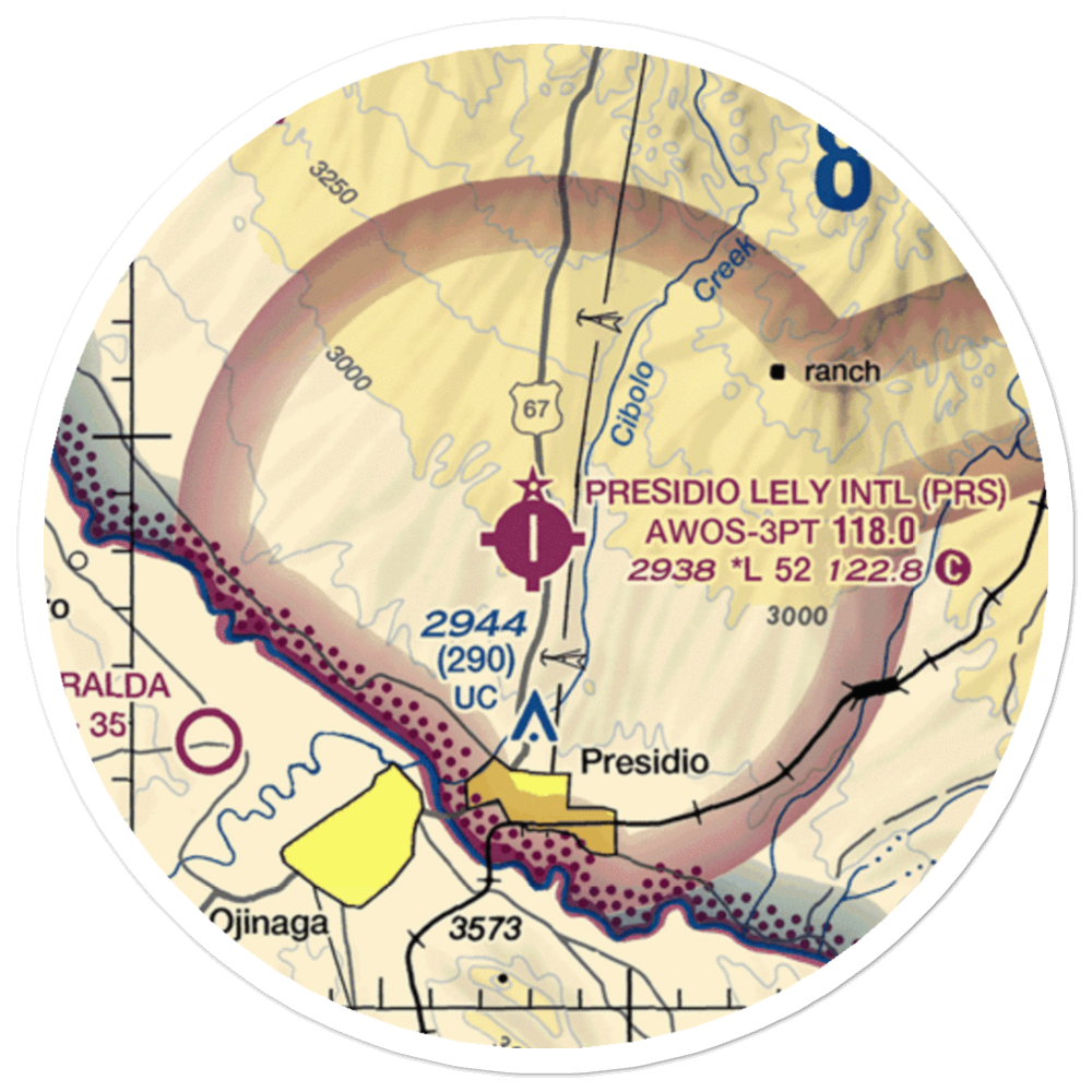 Presidio Lely International Airport (PRS) VFR Sectional Sticker (20 mile) 