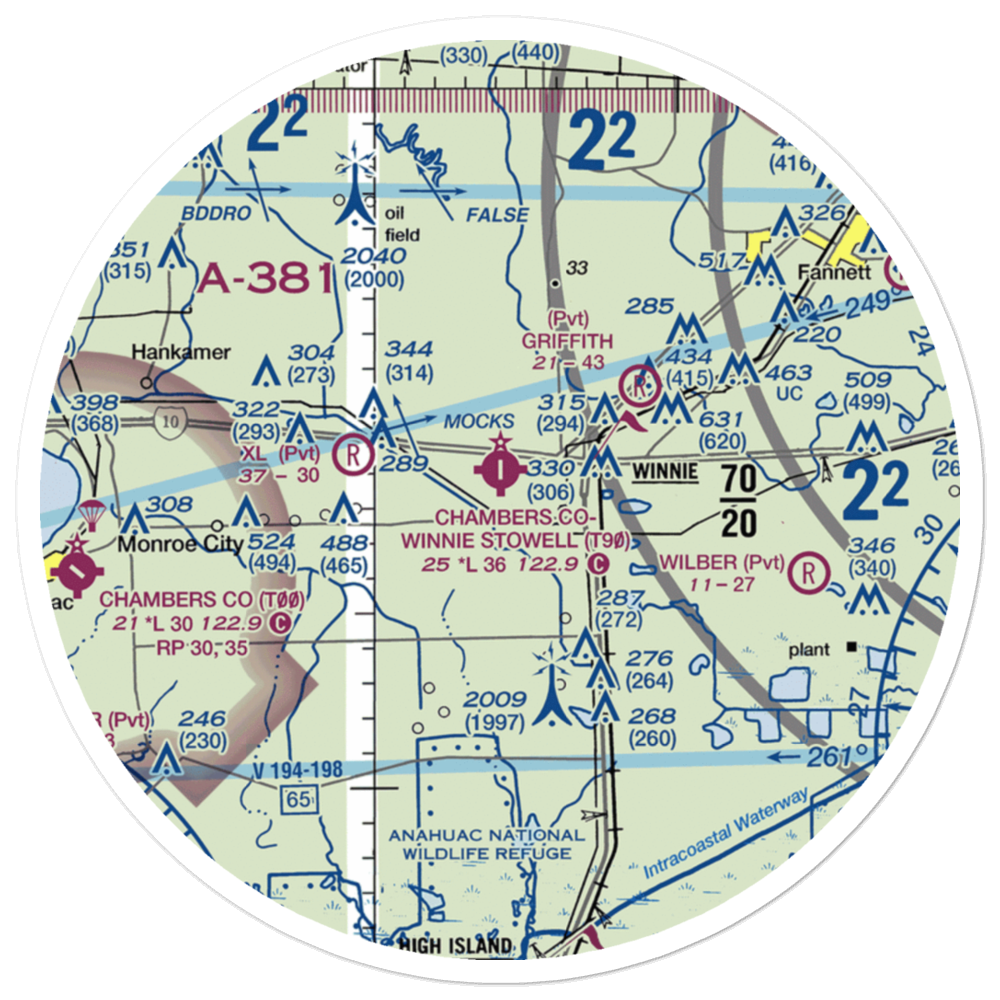 Chambers County Winnie Stowell Airport (T90) VFR Sectional Sticker (30 mile) 