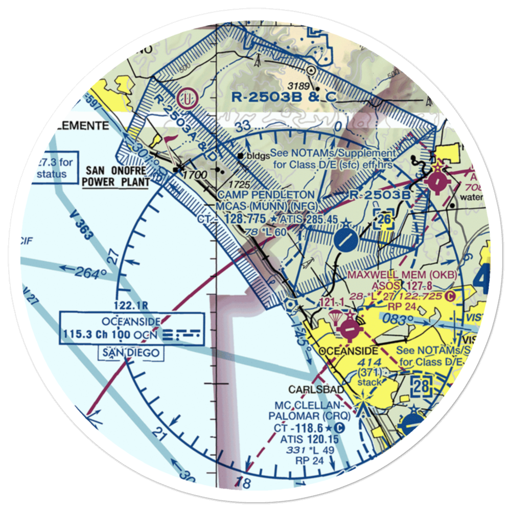 MCOLF Camp Pendleton (Red Beach) Airport (NXF) VFR Sectional Sticker (30 mile) 