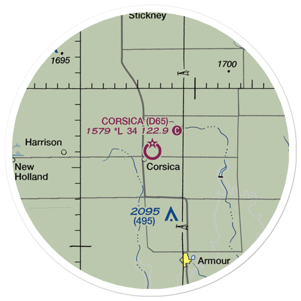 Corsica Municipal Airport (D65) VFR Sectional Sticker (20 mile) 