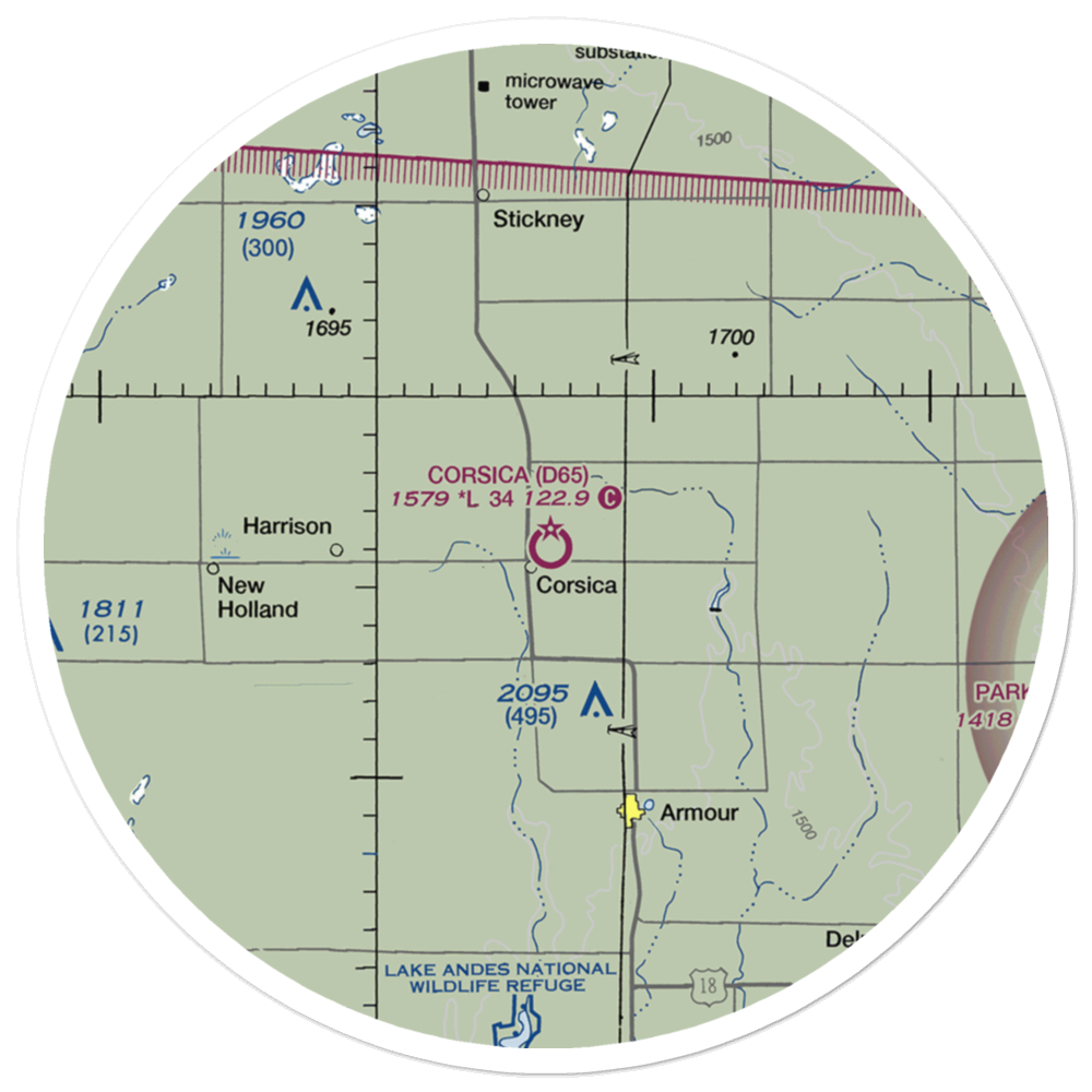 Corsica Municipal Airport (D65) VFR Sectional Sticker (30 mile) 