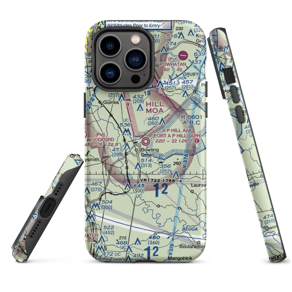 A P Hill AAF (Fort A P Hill) Airport (APH) VFR Sectional  Tough iPhone Case iPhone 14 Pro Max model shown