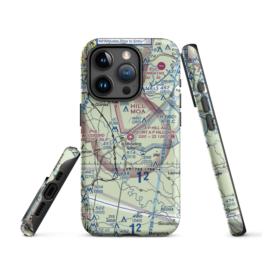 A P Hill AAF (Fort A P Hill) Airport (APH) VFR Sectional  Tough iPhone Case iPhone 15 Pro model shown