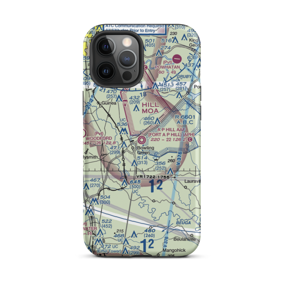 A P Hill AAF (Fort A P Hill) Airport (APH) VFR Sectional  Tough iPhone Case iPhone 12 Pro Max model shown