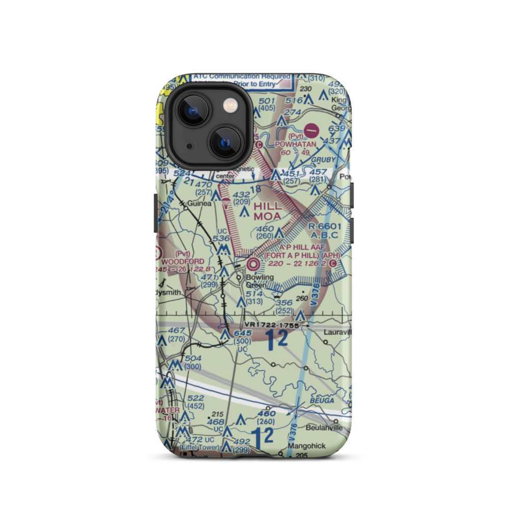 A P Hill AAF (Fort A P Hill) Airport (APH) VFR Sectional  Tough iPhone Case iPhone 13 model shown