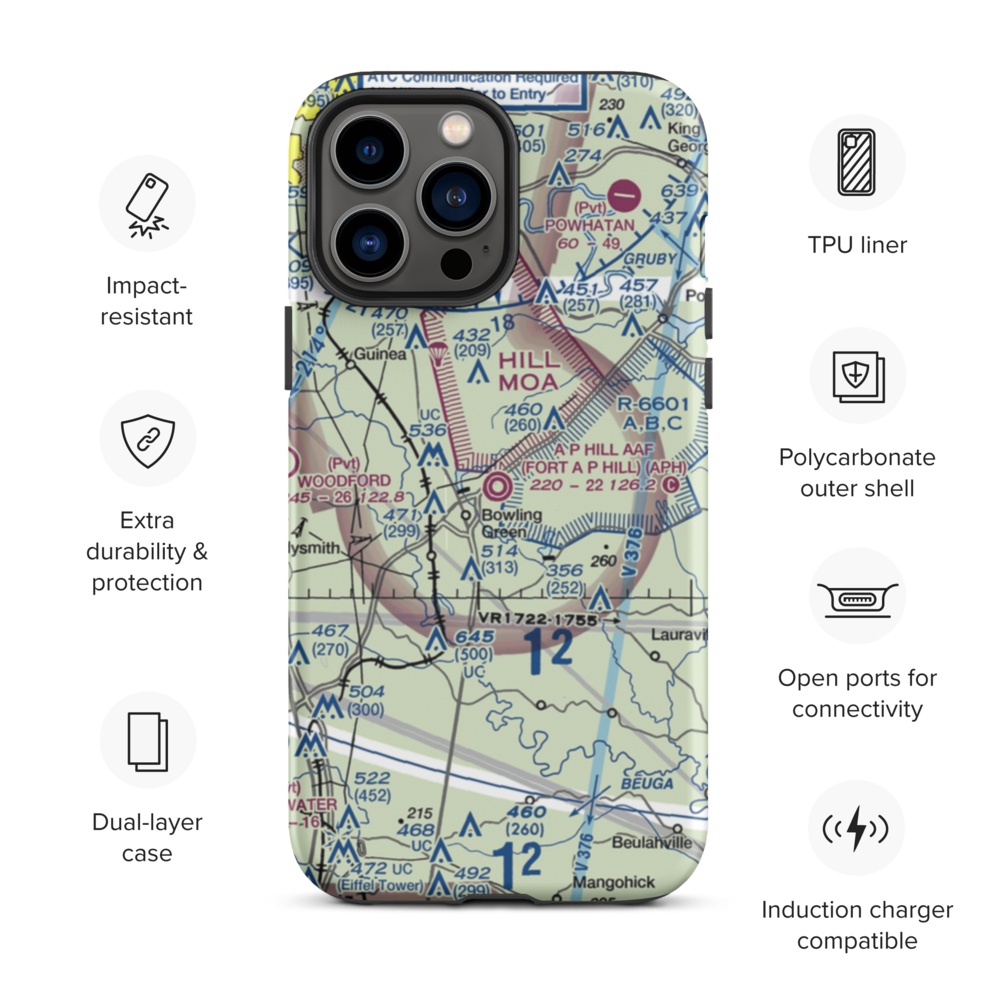 A P Hill AAF (Fort A P Hill) Airport (APH) VFR Sectional  Tough iPhone Case iPhone 13 Pro Max model shown