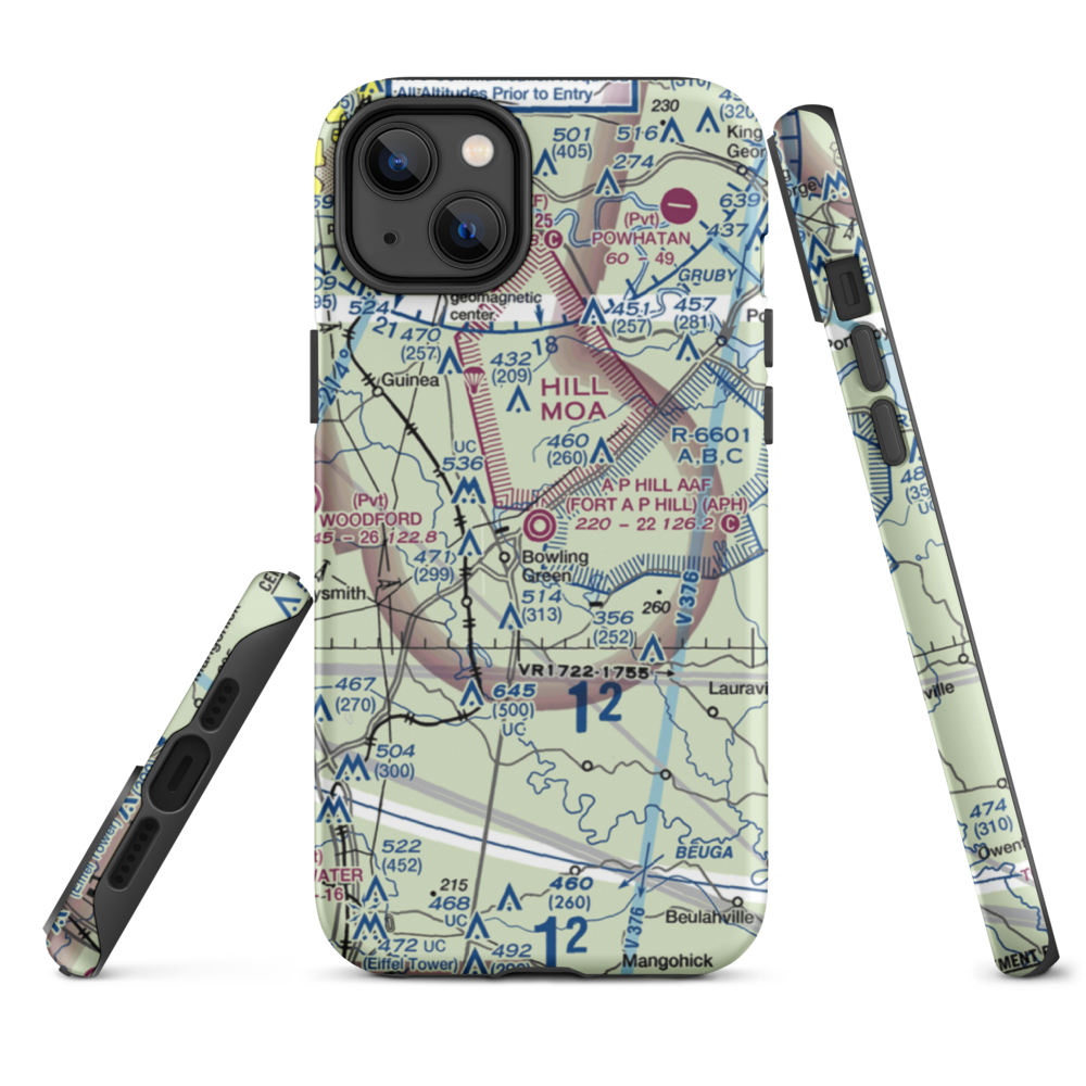 A P Hill AAF (Fort A P Hill) Airport (APH) VFR Sectional  Tough iPhone Case iPhone 14 Plus model shown