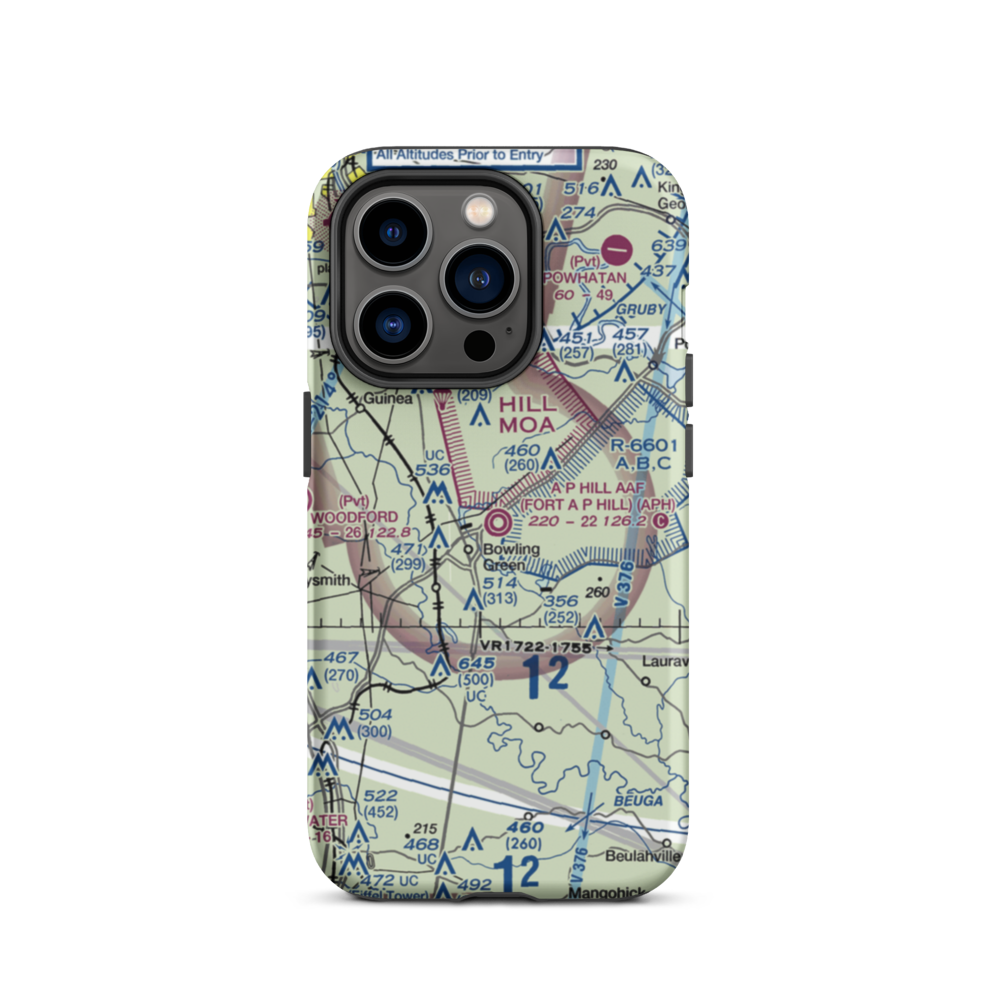 A P Hill AAF (Fort A P Hill) Airport (APH) VFR Sectional  Tough iPhone Case iPhone 14 Pro model shown