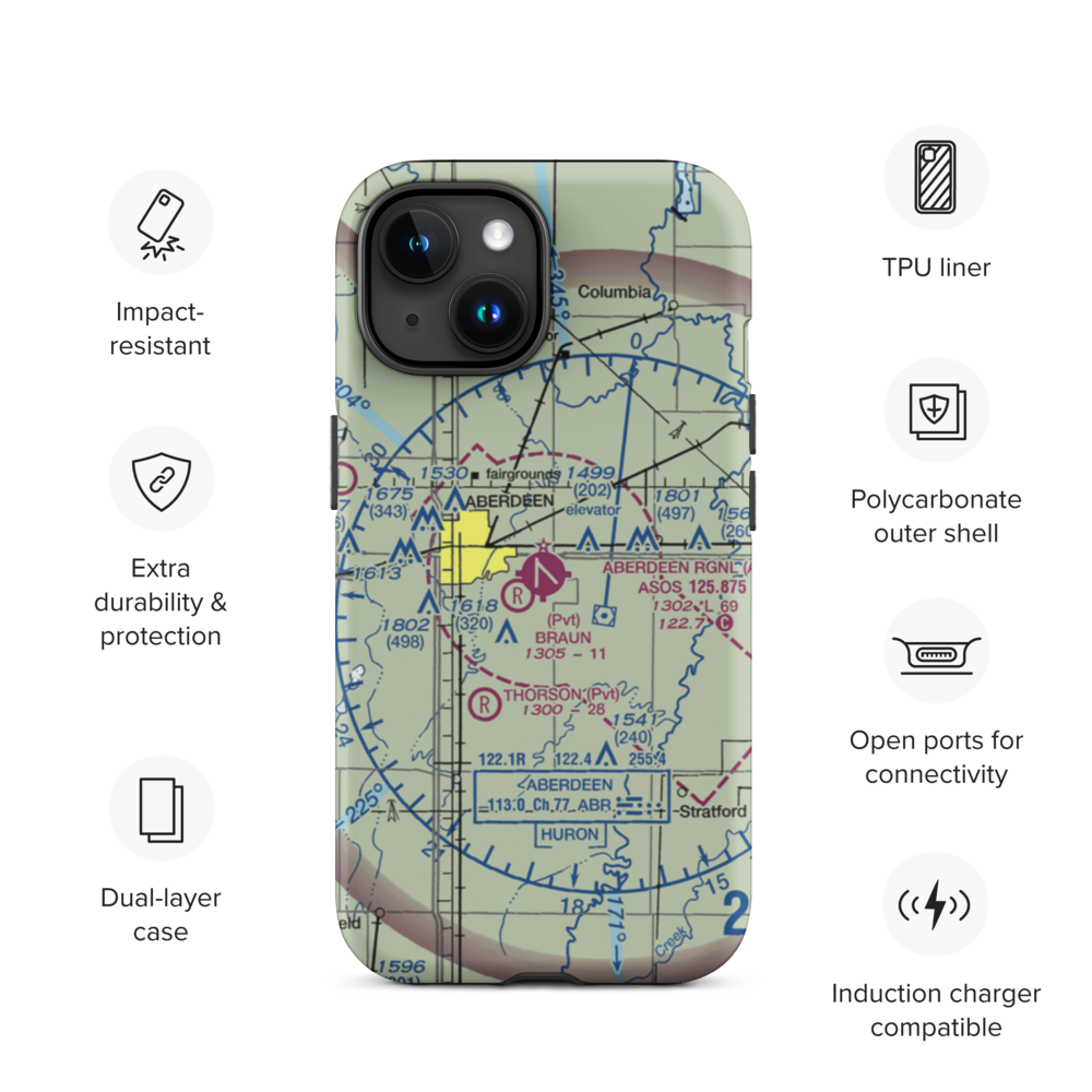 Aberdeen Regional Airport (ABR) VFR Sectional  Tough iPhone Case iPhone 15 model shown