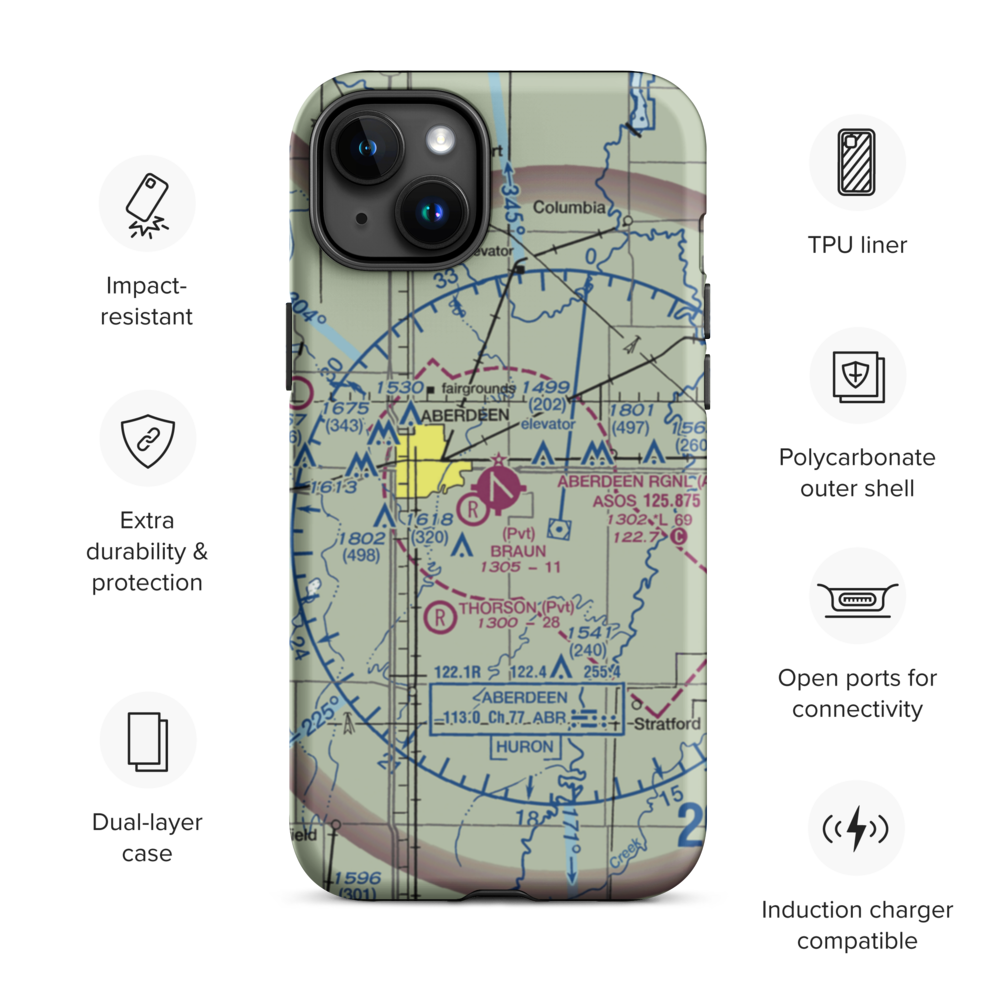 Aberdeen Regional Airport (ABR) VFR Sectional  Tough iPhone Case iPhone 15 Plus model shown