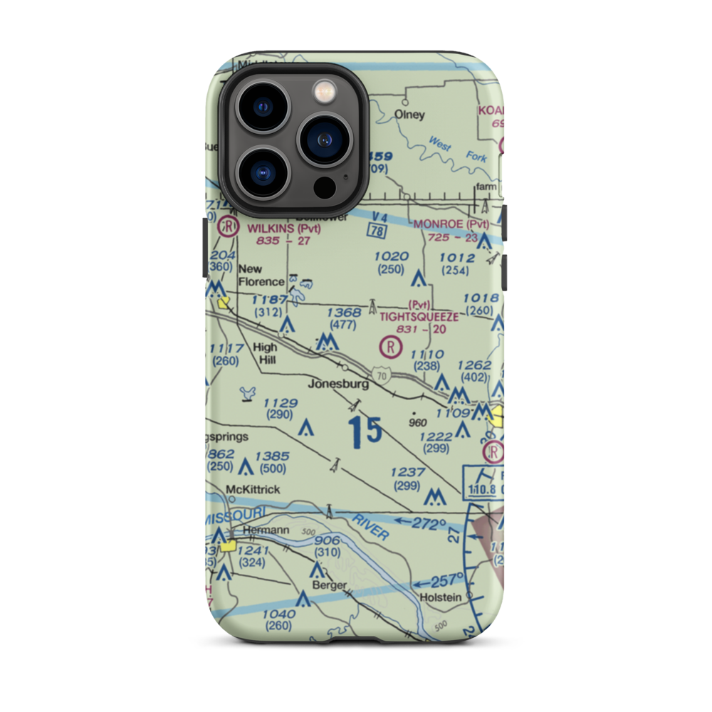 Adventures Aloft Airport (MO07) VFR Sectional  Tough iPhone Case iPhone 13 Pro Max model shown
