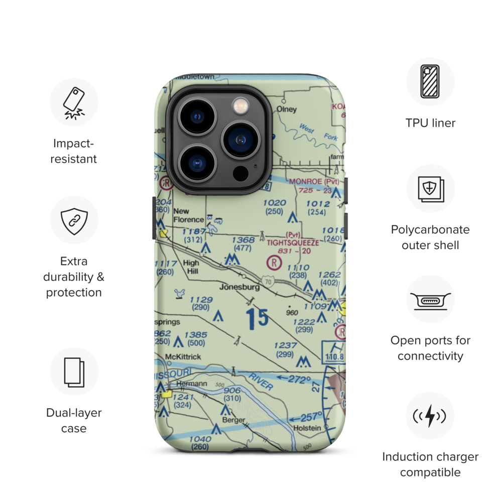 Adventures Aloft Airport (MO07) VFR Sectional  Tough iPhone Case iPhone 14 Pro model shown