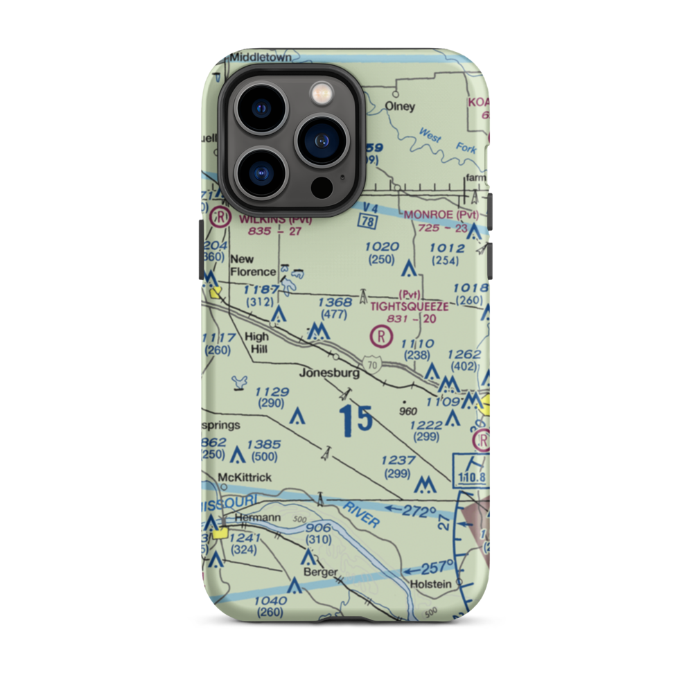 Adventures Aloft Airport (MO07) VFR Sectional  Tough iPhone Case iPhone 14 Pro Max model shown
