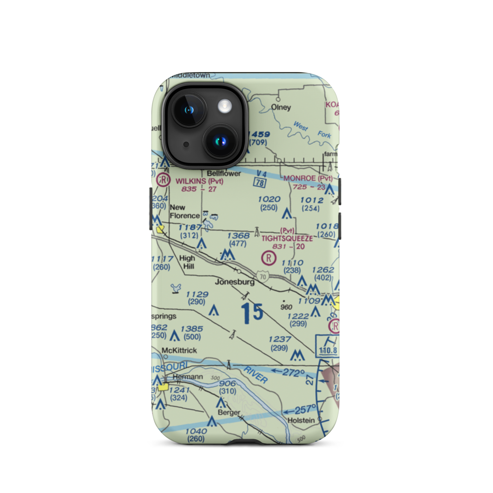 Adventures Aloft Airport (MO07) VFR Sectional  Tough iPhone Case iPhone 15 model shown
