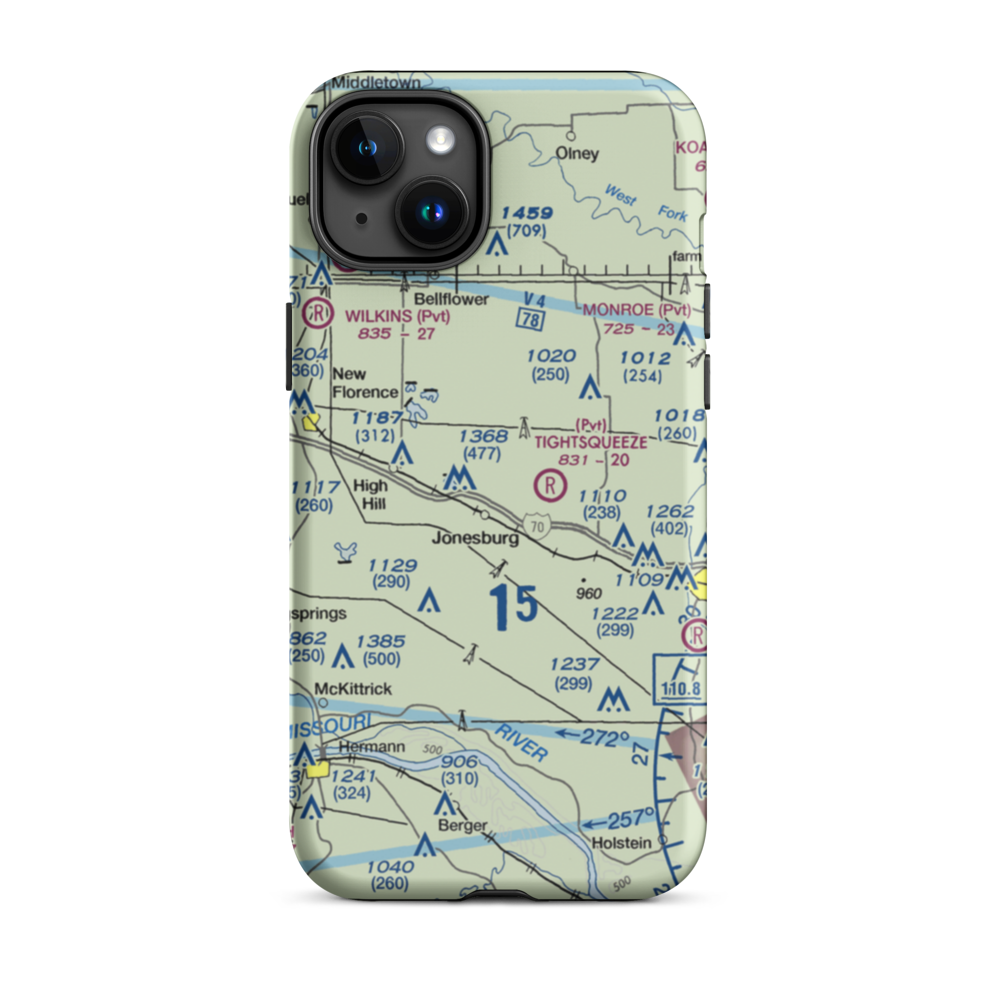 Adventures Aloft Airport (MO07) VFR Sectional  Tough iPhone Case iPhone 15 Plus model shown