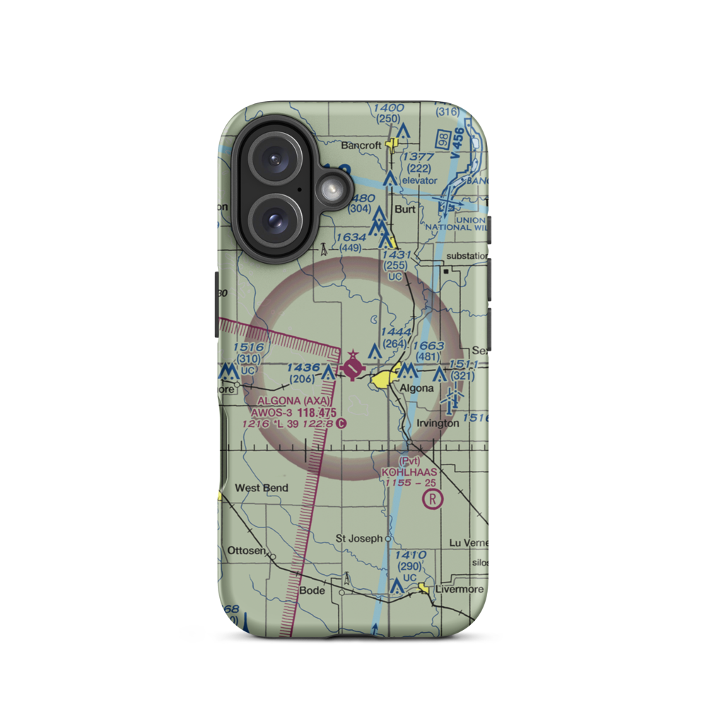 Algona Municipal Airport (AXA) VFR Sectional  Tough iPhone Case iPhone 16 model shown