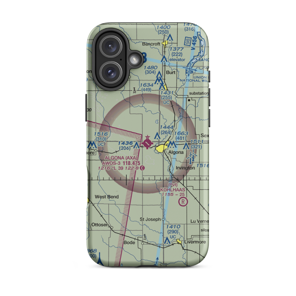 Algona Municipal Airport (AXA) VFR Sectional  Tough iPhone Case iPhone 16 Plus model shown