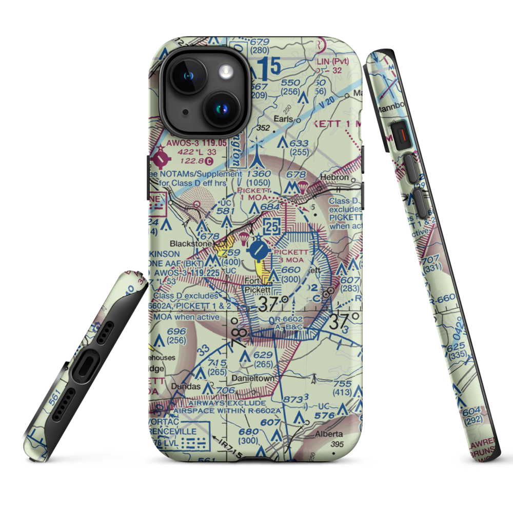 Allen C Perkinson Blackstone Army Air Field (BKT) VFR Sectional  Tough iPhone Case iPhone 15 Plus model shown