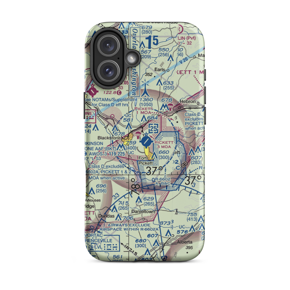 Allen C Perkinson Blackstone Army Air Field (BKT) VFR Sectional  Tough iPhone Case iPhone 16 Plus model shown
