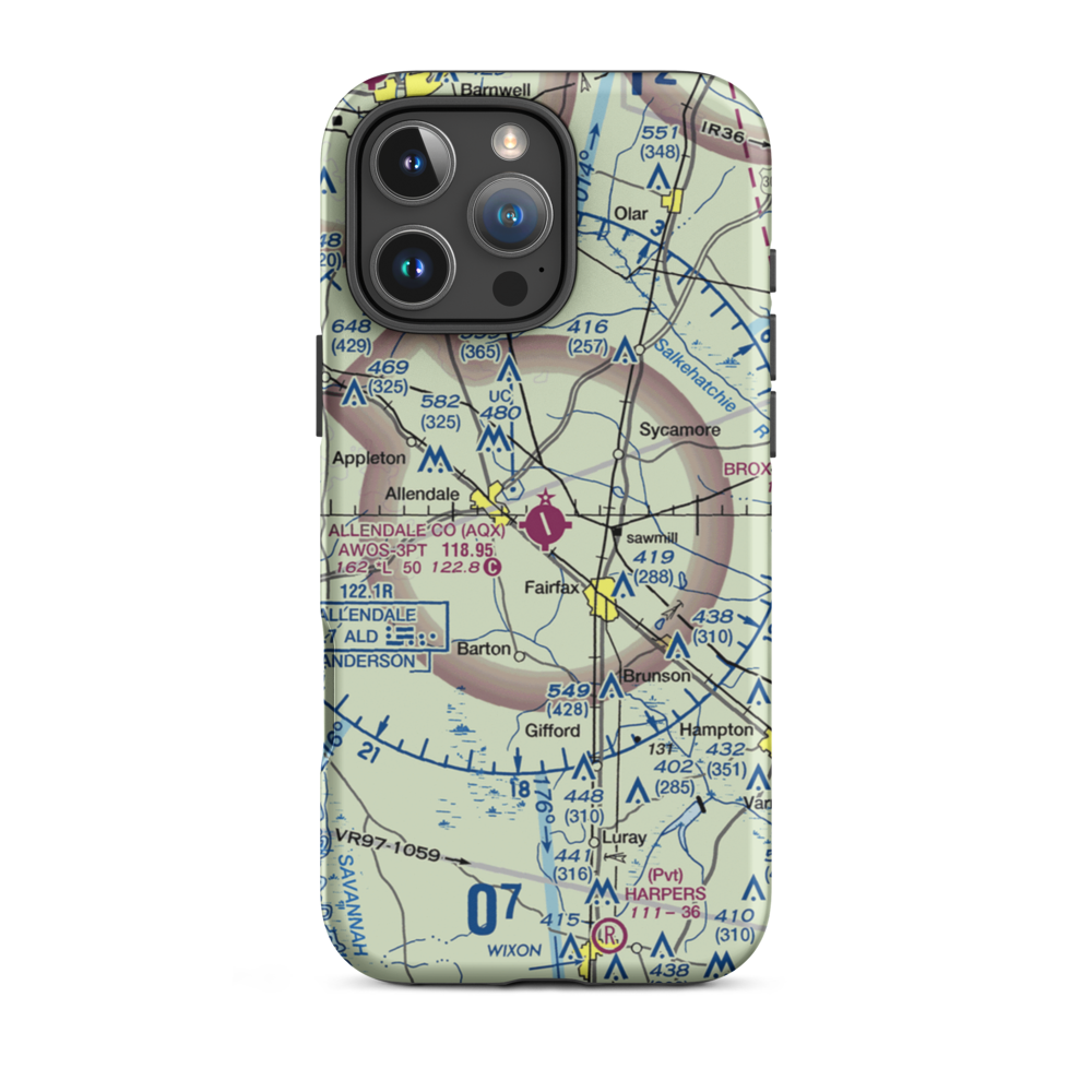 Allendale County Airport (AQX) VFR Sectional  Tough iPhone Case iPhone 16 Pro Max model shown