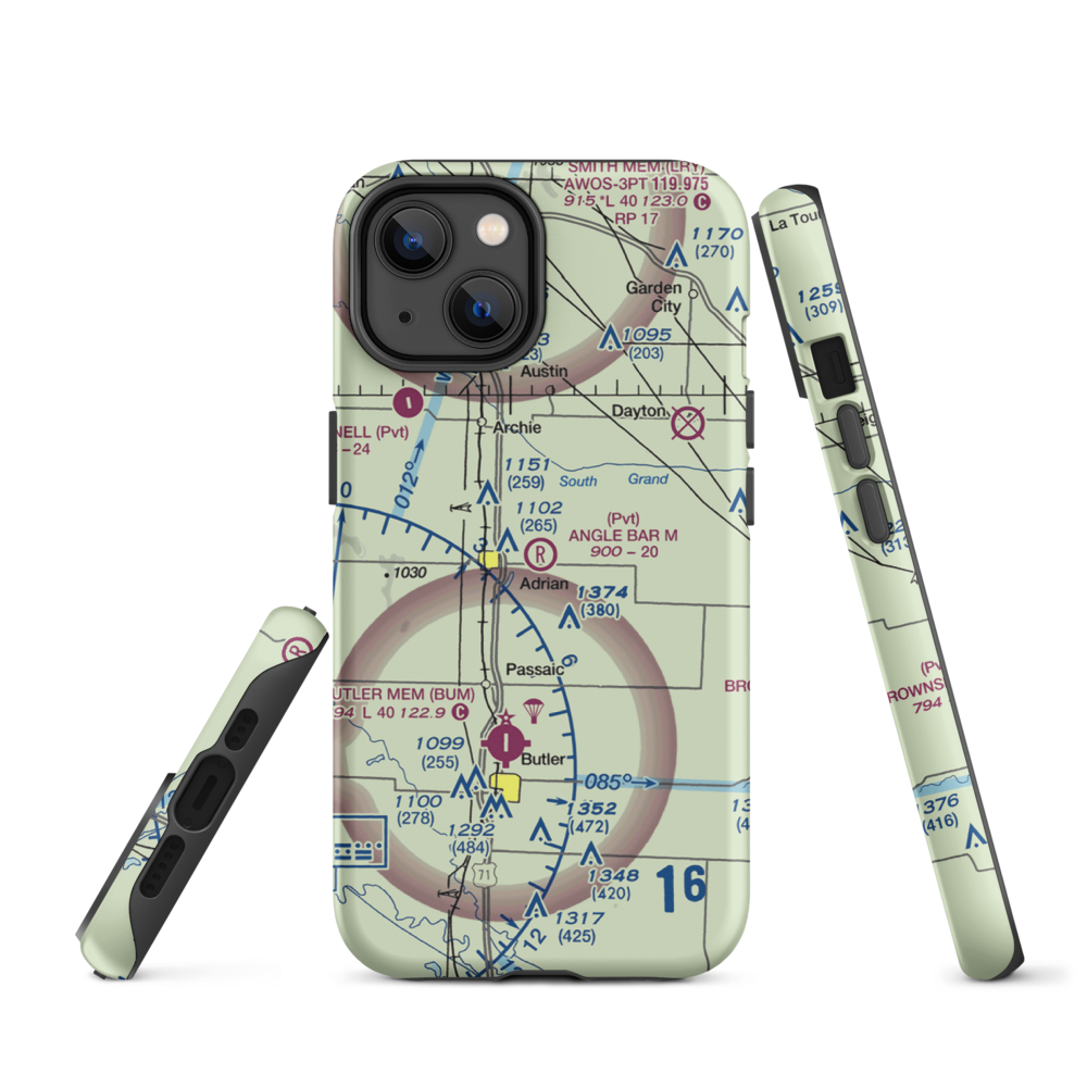 Angle Bar M Airport (MU07) VFR Sectional  Tough iPhone Case iPhone 14 model shown