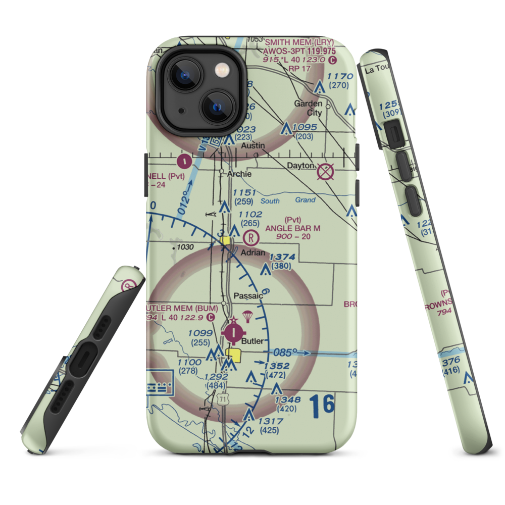 Angle Bar M Airport (MU07) VFR Sectional  Tough iPhone Case iPhone 14 Plus model shown