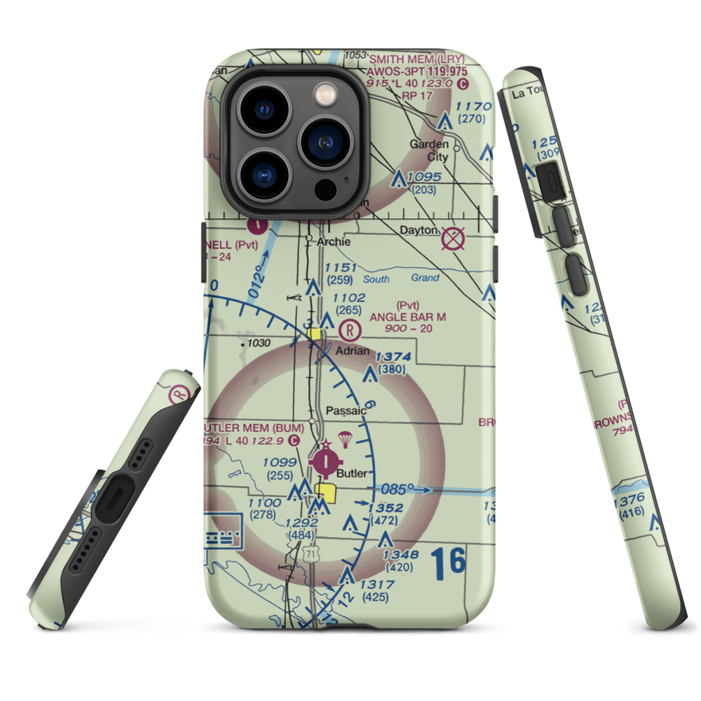 Angle Bar M Airport (MU07) VFR Sectional  Tough iPhone Case iPhone 14 Pro Max model shown