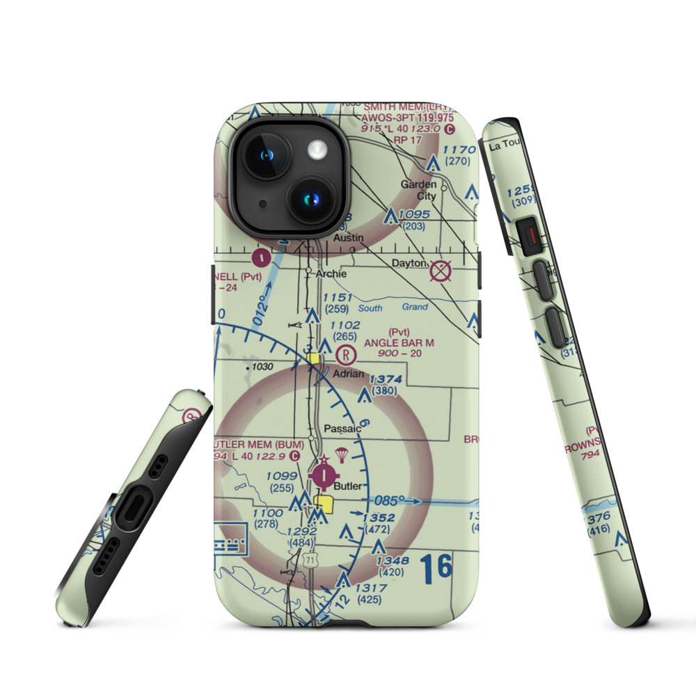 Angle Bar M Airport (MU07) VFR Sectional  Tough iPhone Case iPhone 15 model shown