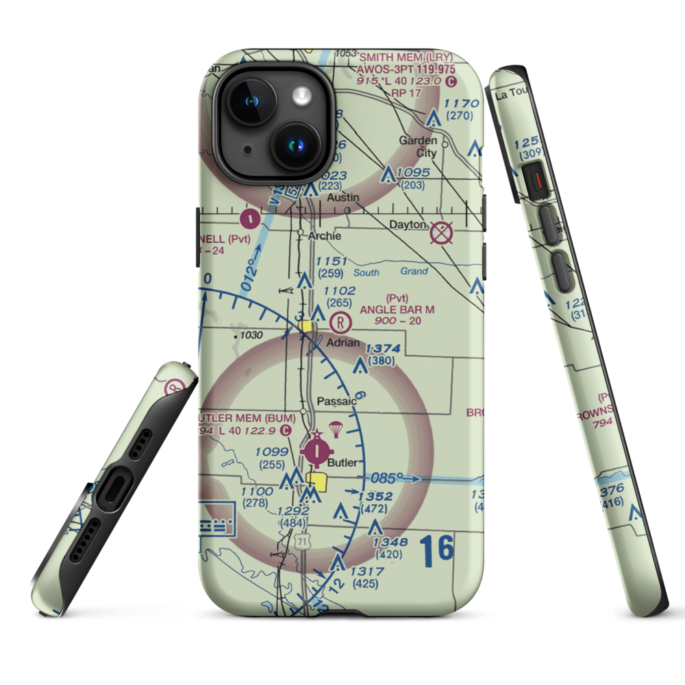 Angle Bar M Airport (MU07) VFR Sectional  Tough iPhone Case iPhone 15 Plus model shown