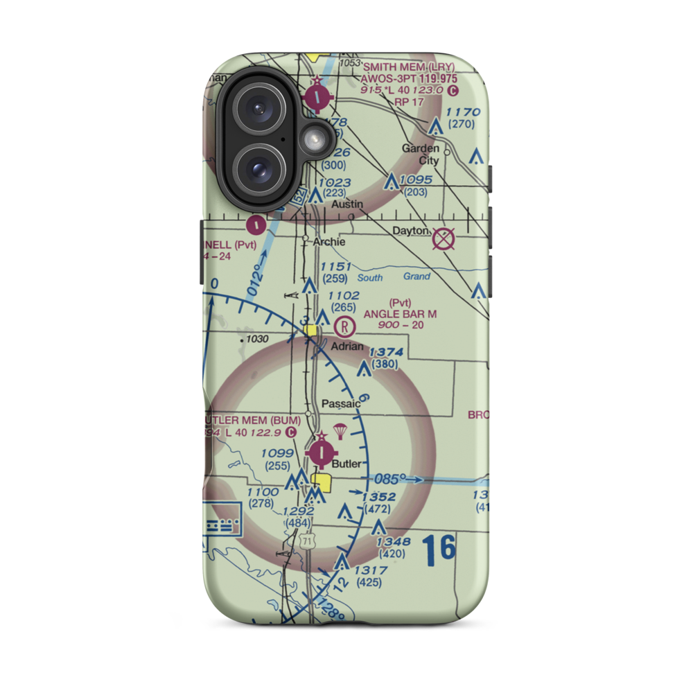 Angle Bar M Airport (MU07) VFR Sectional  Tough iPhone Case iPhone 16 Plus model shown