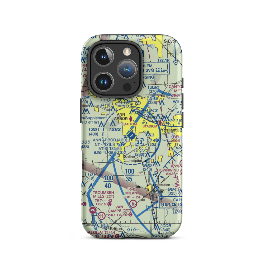 Ann Arbor Municipal Airport (ARB) VFR Sectional  Tough iPhone Case iPhone 16 Pro model shown