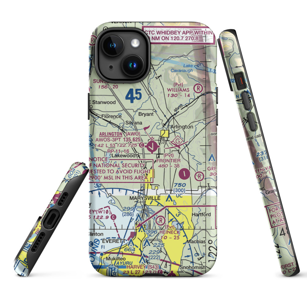 Arlington Municipal Airport (AWO) VFR Sectional  Tough iPhone Case iPhone 15 Plus model shown