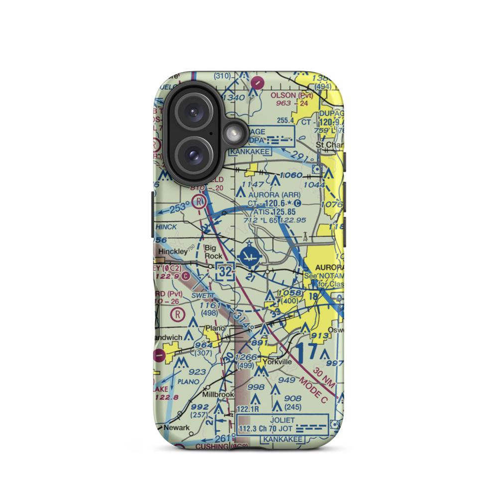 Aurora Municipal Airport (ARR) VFR Sectional  Tough iPhone Case iPhone 16 model shown