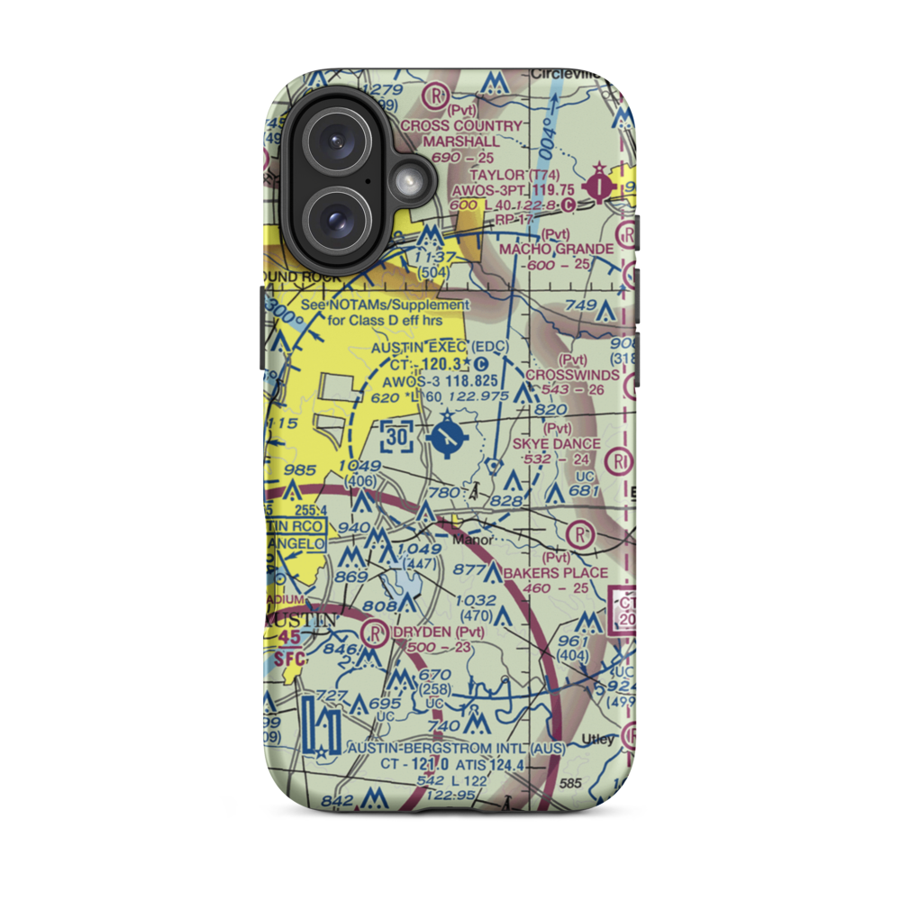 Austin Executive Airport (EDC) VFR Sectional  Tough iPhone Case iPhone 16 Plus model shown