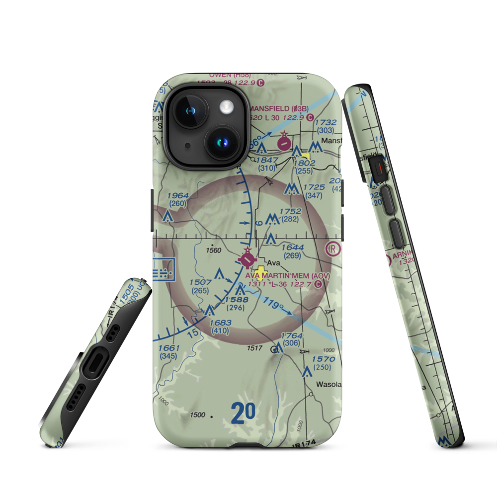 Ava Bill Martin Memorial Airport (AOV) VFR Sectional  Tough iPhone Case iPhone 15 model shown
