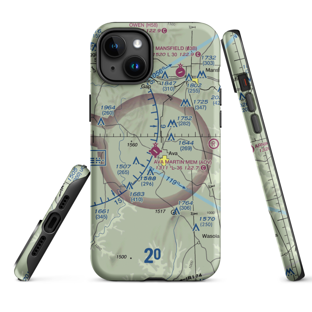 Ava Bill Martin Memorial Airport (AOV) VFR Sectional  Tough iPhone Case iPhone 15 Plus model shown