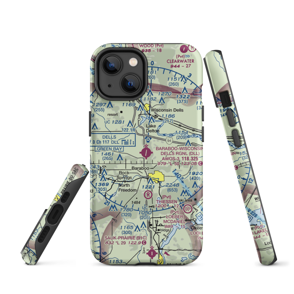 Baraboo Wisconsin Dells Airport (DLL) VFR Sectional  Tough iPhone Case iPhone 14 model shown