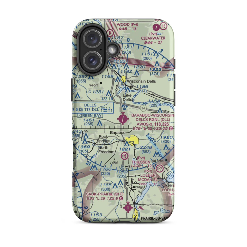 Baraboo Wisconsin Dells Airport (DLL) VFR Sectional  Tough iPhone Case iPhone 16 Plus model shown