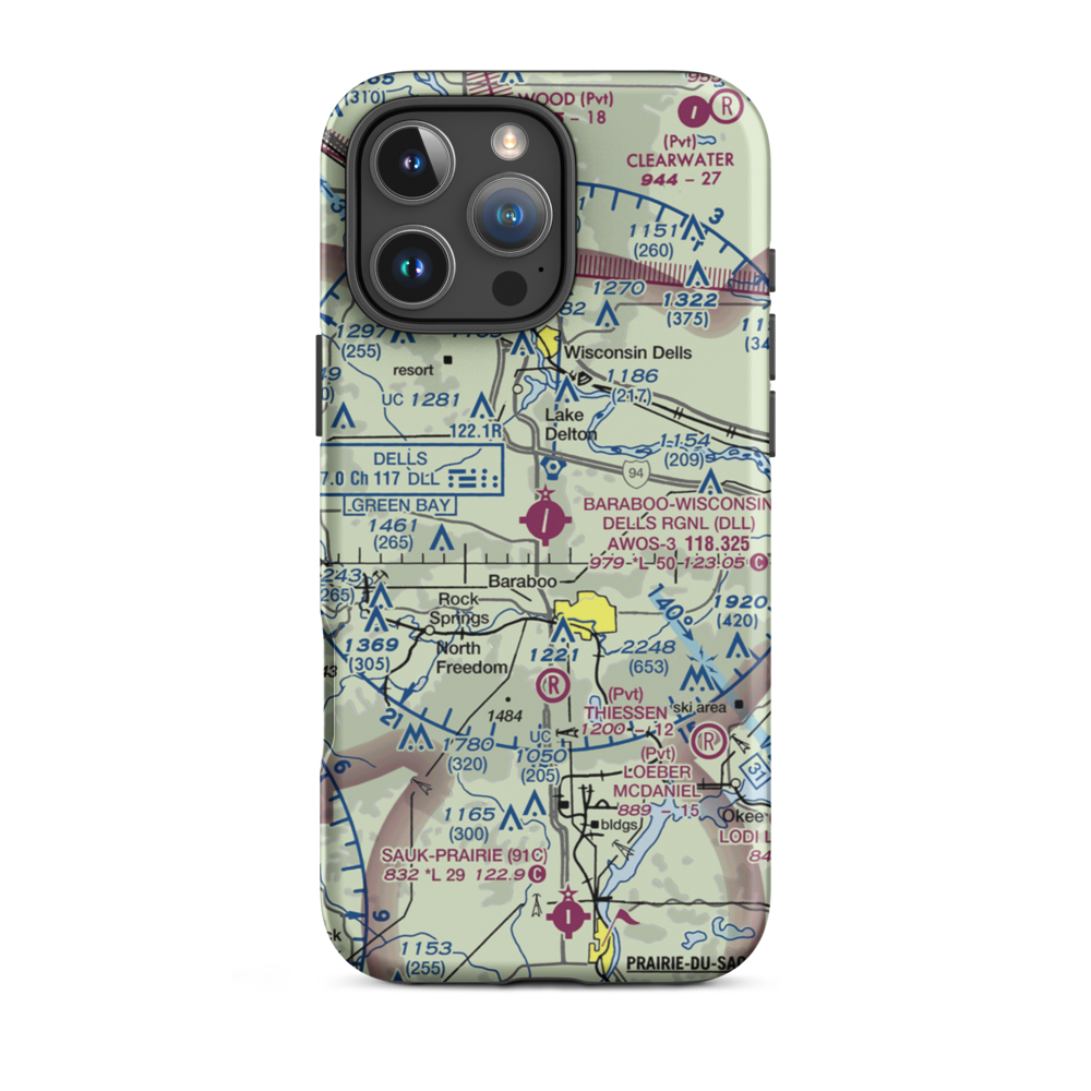 Baraboo Wisconsin Dells Airport (DLL) VFR Sectional  Tough iPhone Case iPhone 16 Pro Max model shown
