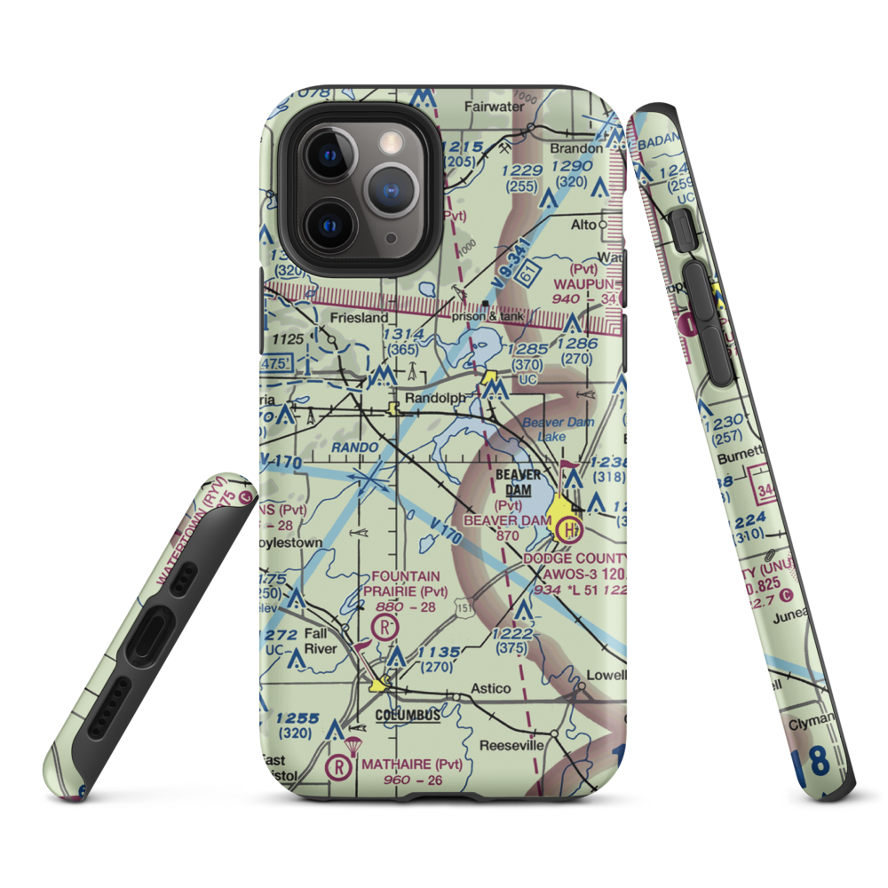 Beaver Dam Lake Seaplane Base (1WI5) VFR Sectional  Tough iPhone Case iPhone 11 Pro model shown