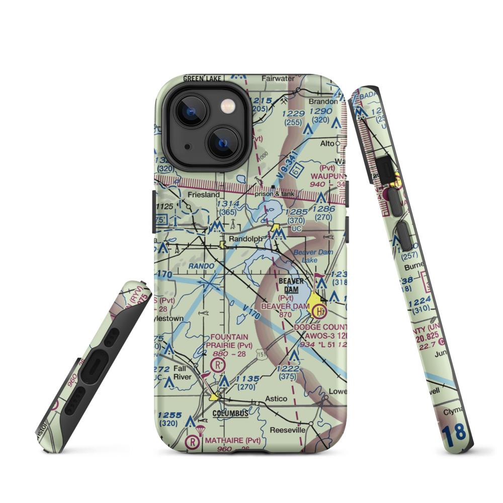 Beaver Dam Lake Seaplane Base (1WI5) VFR Sectional  Tough iPhone Case iPhone 14 model shown