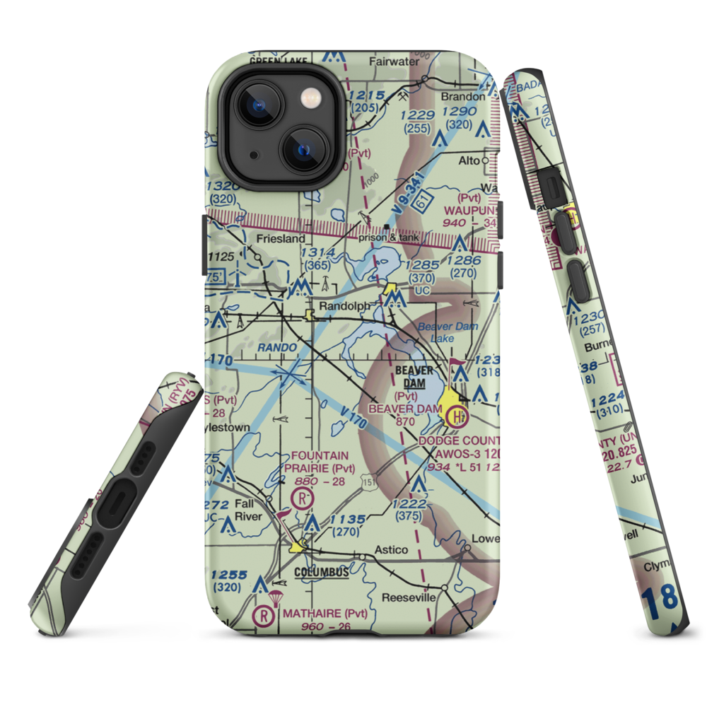 Beaver Dam Lake Seaplane Base (1WI5) VFR Sectional  Tough iPhone Case iPhone 14 Plus model shown